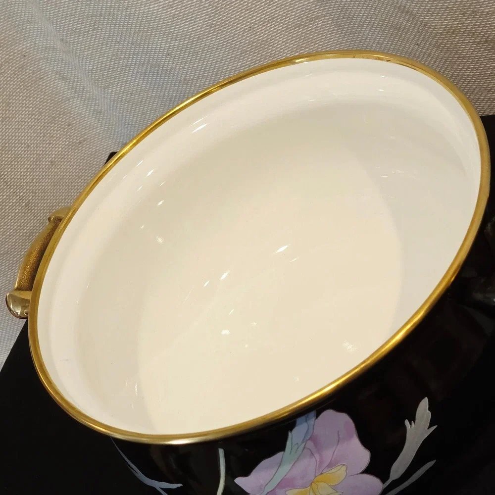 Mikasa Black Enamel Dutch‎ Oven, Floral Iris Pattern, Lidded Pot, Japanese Made